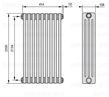 Схема (чертеж) Радиатор Zehnder Charleston 4220/9 №1270 Белый глянцевый RAL 9016